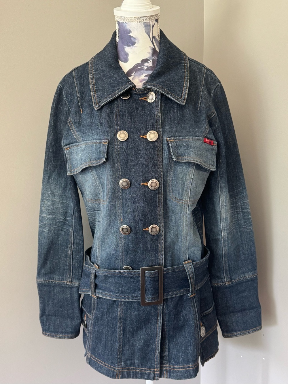 Y2K ONLY Belted Denim Jacket Dark Blue Wash Double Breasted Jacket